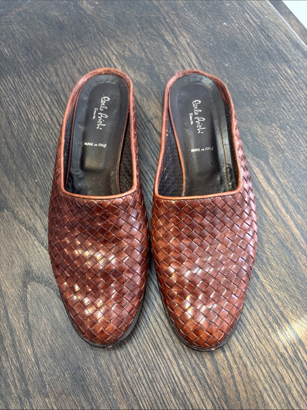 Carlo Brieli Firenze woven leather mules, dark brown, size 8.5